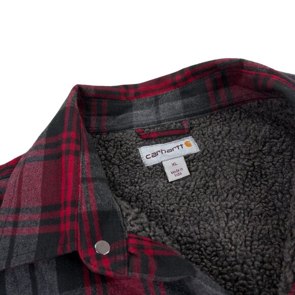 Carhartt Sherpa Lined Flannel Jacket Mens XL RELAXED FIT Snap Button Red Plaid - Picture 5 of 10